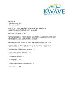 KWVE-FM San Clemente, CA Santa Ana, CA LIST OF ALL FULL TIME JOBS FILLED FOR THE PERIOD OF AUGUST 1, 2009 THROUGH JULY 31, 2010 NO FULL TIME JOBS FILLED