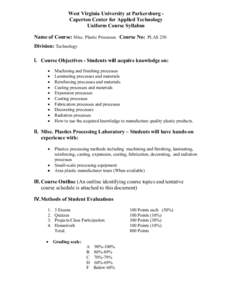 West Virginia University at Parkersburg Caperton Center for Applied Technology Uniform Course Syllabus Name of Course: Misc. Plastic Processes Course No: PLAS 250 Division: Technology I. Course Objectives - Students will