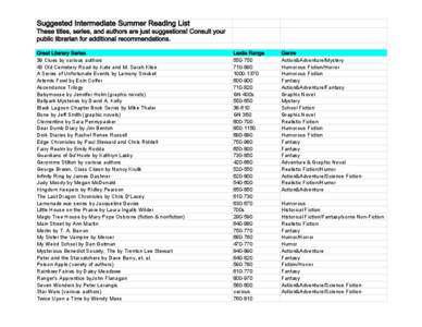 Suggested Intermediate Summer Reading List These titles, series, and authors are just suggestions! Consult your public librarian for additional recommendations. Great Literary Series 39 Clues by var