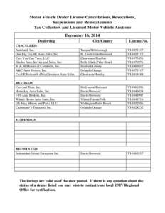 Motor Vehicle Dealer License Cancellations, Revocations, Suspensions and Reinstatements Tax Collectors and Licensed Motor Vehicle Auctions December 16, 2014 Dealership
