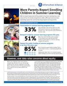 JULY[removed]More Parents Report Enrolling Children in Summer Learning With increased awareness of the problem of summer learning loss, new research from the forthcoming America After 3PM report demonstrates