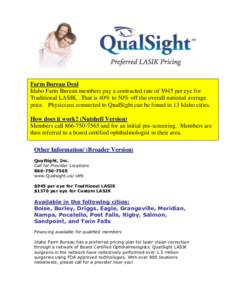 Farm Bureau Deal Idaho Farm Bureau members pay a contracted rate of $945 per eye for Traditional LASIK. That is 40% to 50% off the overall national average price. Physicians connected to QualSight can be found in 13 Idah