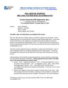 Marist College Institute for Public Opinion Poughkeepsie, NY 12601  Phone[removed]  Fax[removed]www.maristpoll.marist.edu POLL MUST BE SOURCED: NBC 4 New York/Wall Street Journal/Marist Poll* Cuomo Pummels