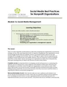    Social Media Best Practices for Nonprofit Organizations  Module 16: Social Media Management