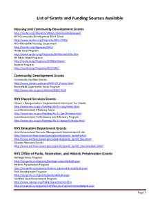 List of Grants and Funding Sources Available Housing and Community Development Grants http://nyshcr.org/AboutUs/Offices/CommunityRenewal/ NYS Community Development Block Grant http://www.nyshcr.org/Programs/NYS-CDBG/