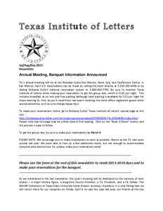 Texas Institute of Letters  Jul/Aug/Sep 2013 Newsletter  Annual Meeting, Banquet Information Announced