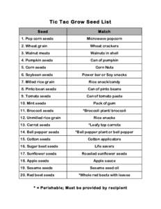 Tic Tac Grow Seed List Seed 1. Pop corn seeds Match Microwave popcorn