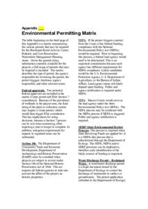 Appendix ___  Environmental Permitting Matrix The table beginning on the third page of this Appendix is a matrix summarizing the various permits that may be required