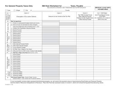 2009 PA[removed]For General Property Taxes Only - Mill Rate Worksheet for Taxes, Payable