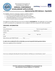 Pennsylvania Association of School Business Officials ANNUAL CONFERENCE SCHOLARSHIP APPLICATION Sponsored by AXA Advisors - Equitable