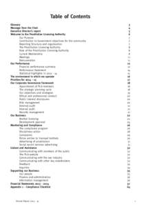 Table of Contents Glossary	 Message from the Chair Executive Director’s report	 Welcome to the Prostitution Licensing Authority