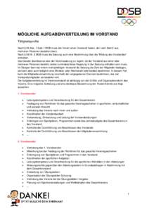 MÖGLICHE AUFGABENVERTEILUNG IM VORSTAND Tätigkeitsprofile Nach § 26 Abs. 1 Satz 1 BGB muss der Verein einen Vorstand haben, der nach Satz 2 aus mehreren Personen bestehen kann. Nach § 58 Nr. 3 BGB muss die Satzung au