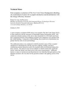 Technical Memo: Post-occupancy evaluation of The New York Times Headquarters Building: An examination of causes for occupant satisfaction and dissatisfaction with the energy-efficiency measures