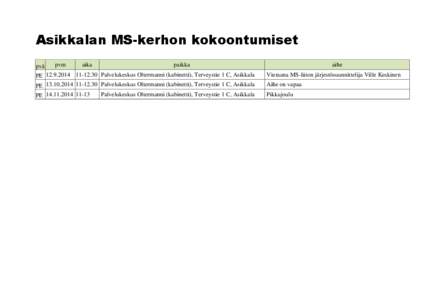 Asikkalan MS-kerhon kokoontumiset pvä pvm  aika