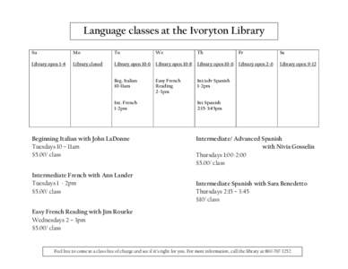 Language classes at the Ivoryton Library Su Mo  Tu