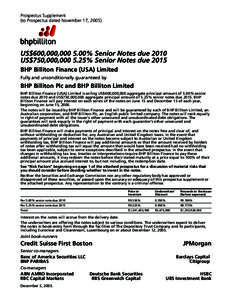 Prospectus Supplement (to Prospectus dated November 17, 2005) US$600,000,[removed]% Senior Notes due 2010 US$750,000,[removed]% Senior Notes due 2015 BHP Billiton Finance (USA) Limited