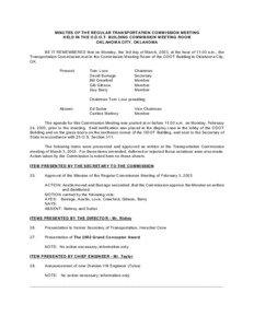 MINUTES OF THE REGULAR TRANSPORTATION COMM ISSION MEETING HELD IN THE O.D.O.T. BUILDING COMMISSION MEETING ROOM OKLAHOMA CITY, OKLAHOMA