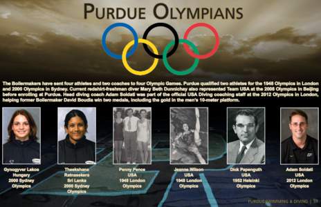 Purdue Olympians  The Boilermakers have sent four athletes and two coaches to four Olympic Games. Purdue qualified two athletes for the 1948 Olympics in London and 2000 Olympics in Sydney. Current redshirt-freshman diver