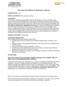 Successes and Failures in Resistance to Slavery GRADE LEVEL: 6-10 TIME ALLOTMENT: One 45-minute session OVERVIEW In this lesson, students examine efforts made by African slaves in the New World to resist slavery. The les