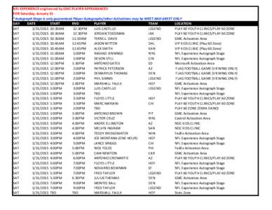 NFL EXPERIENCE engineered by GMC PLAYER APPEARANCES FOR Saturday, January 31 *Autograph Stage is only guaranteed Player Autographs/other Activations may be MEET AND GREET ONLY DAY DATE START