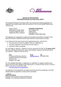 Notice of application for registration as a political party - Australian Progressives