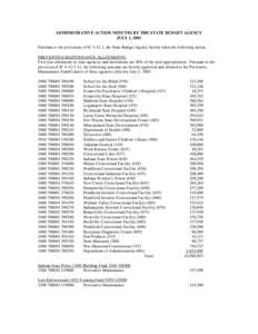 ADMINISTRATIVE ACTION MINUTES BY THE STATE BUDGET AGENCY JULY 1, 2001 Pursuant to the provisions of IC[removed], the State Budget Agency hereby takes the following action. PREVENTIVE MAINTENANCE ALLOTMENTS: First year allo