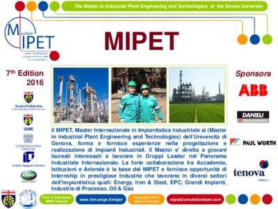 The Master in Industrial Plant Engineering and Technologies of the Genoa University  MIPET 7th Edition 2016