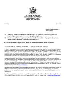 Circular Letter No[removed]Flood Insurance Training Requirements For Insurance Producers With A Property Line Of Authority Selling Through The National Flood Insurance Program (NFIP)