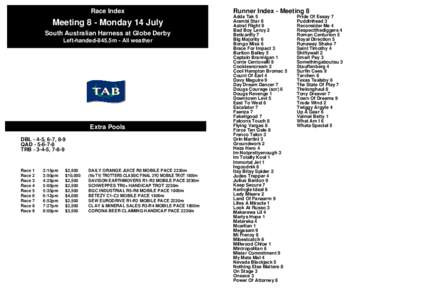 Race Index  Meeting 8 - Monday 14 July South Australian Harness at Globe Derby Left-handed-845.5m - All weather