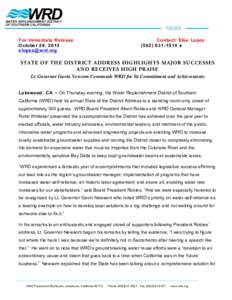 For Immediate Release October 29, 2012 elopez@ wrd.org Contact: Elsa Lopez ●