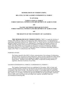 MEMORANDUM OF UNDERSTANDING RELATING TO THE SAGEHEN EXPERIMENTAL FOREST by and among TAHOE NATIONAL FOREST FOREST SERVICE, UNITED STATES DEPARTMENT OF AGRICULTURE and