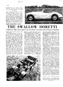 DISTINCT1 V E : T h e Doretti carrie.~ ltandsonie tivo-seater bodywork with r~e~rtlyconcenled hood crnd ice11 raked \r.inticreen. old-established Swallow Coachbuilding Co. has for many years been associated with sports c