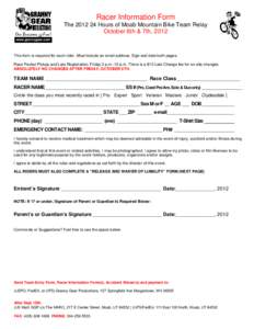 Racer Information Form Our Business is Fun! The[removed]Hours of Moab Mountain Bike Team Relay October 6th & 7th, 2012