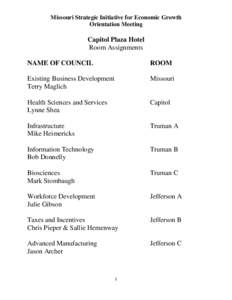 Missouri Strategic Initiative for Economic Growth Orientation Meeting Capitol Plaza Hotel Room Assignments NAME OF COUNCIL