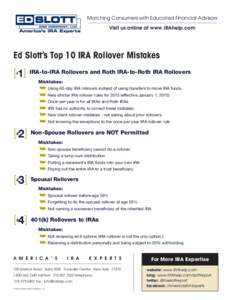 TT  Matching Consumers with Educated Financial Advisors Visit us online at www.IRAhelp.com  Ed Slott’s Top 10 IRA Rollover Mistakes