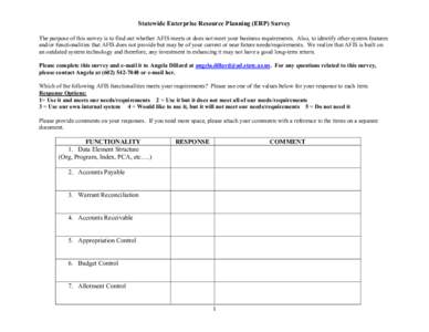 Statewide Enterprise Resource Planning (ERP) Survey The purpose of this survey is to find out whether AFIS meets or does not meet your business requirements. Also, to identify other system features and/or functionalities