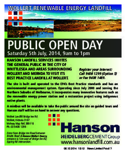 WOLLERT RENEWABLE ENERGY LANDFILL  PUBLIC OPEN DAY Saturday 5th July, 2014, 9am to 1pm