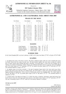 ASTRONOMICAL INFORMATION SHEET No. 86 Prepared by HM Nautical Almanac Office Rutherford Appleton Laboratory, Chilton, Didcot, OX11 0QX Council for the Central Laboratory of the Research Councils