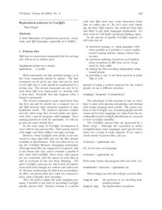 TUGboat, Volume[removed]), No. 3  Hyphenation patterns in ConTEXt Hans Hagen Abstract A brief discussion of hyphenation patterns, exceptions, and TEX languages, especially in ConTEXt.