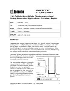 STAFF REPORT ACTION REQUIRED 1183 Dufferin Street Official Plan Amendment and Zoning Amendment Applications - Preliminary Report Date: