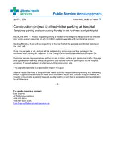 Construction project to affect visitor parking at hospital, Medicine Hat