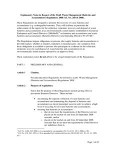 Explanatory Notes in Respect of the Draft Waste Management (Batteries and Accumulators and Waste Batteries and Accumulators) Regulations 2008