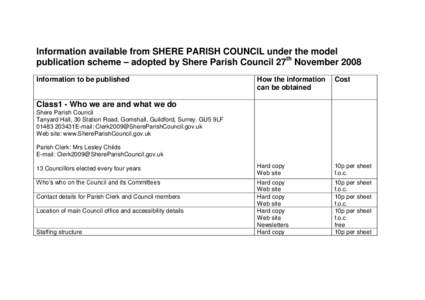 Information available from SHERE PARISH COUNCIL under the model publication scheme – adopted by Shere Parish Council 27th November 2008 Information to be published How the information can be obtained