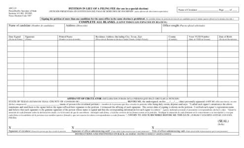 AW2-19 Prescribed by Secretary of State Sections[removed], [removed], Texas Election Code[removed]PETITION IN LIEU OF A FILING FEE (for use in a special election)