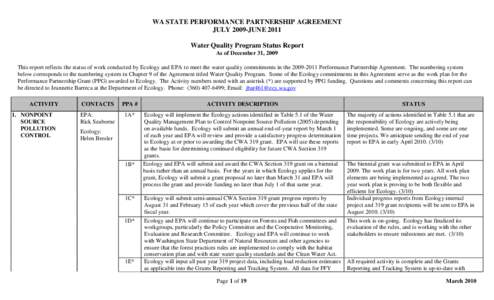 WA STATE PERFORMANCE PARTNERSHIP AGREEMENT JULY 2009-JUNE 2011 Water Quality Program Status Report As of December 31, 2009 This report reflects the status of work conducted by Ecology and EPA to meet the water quality co
