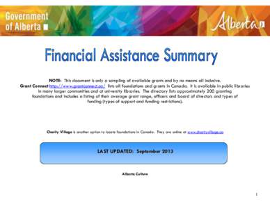 NOTE: This document is only a sampling of available grants and by no means all inclusive. Grant Connect http://www.grantconnect.ca/ lists all foundations and grants in Canada. It is available in public libraries in many 