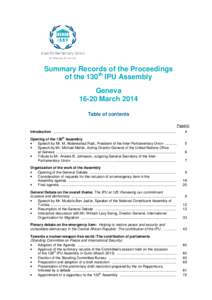 Summary Records of the Proceedings of the 130th IPU Assembly Geneva[removed]March 2014 Table of contents Page(s)