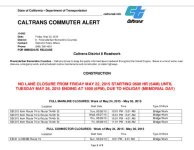 State of California • Department of Transportation ____________________________________________________ caltrans8.info CALTRANS COMMUTER ALERTDate: