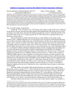 Southern Campaigns American Revolution Pension Statements & Rosters Pension application of Richard Brandon W21714 Transcribed by Will Graves Agnes or Nancy Brandon f34SC