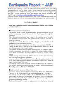 Nuclear physics / Tokyo Electric Power Company / Nuclear accidents / Tōhoku region / Nuclear safety / Fukushima Daiichi Nuclear Power Plant / Iitate /  Fukushima / Radiation effects from Fukushima Daiichi nuclear disaster / International Nuclear Event Scale / Fukushima Prefecture / Energy / Nuclear technology